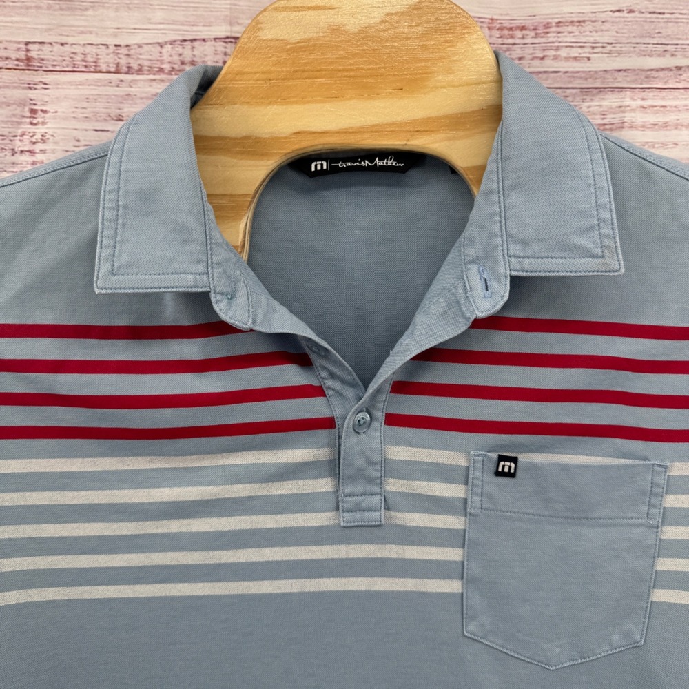 Travis Mathew Polo Shirt Mens Size Large Blue Striped Golf Casual Pocket